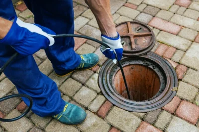 Plumber cleaning an outdoor sewer drain in Petaluma
